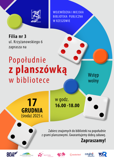 Grafika promująca Popołudnie z planszówką w bibliotece XII 2025